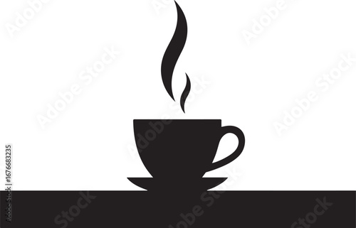 Silhouette of a steaming coffee cup and saucer on a white background vector illustration