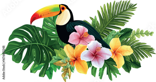 Vibrant toucan bird perched amidst lush tropical foliage and colorful exotic flowers