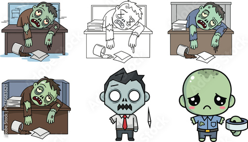 Zombie office workers cartoon, exhausted employee characters, burnout desk scenes, sleepy business zombies, tired workers illustration, funny deadpan 