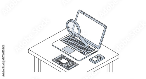 Laptop repair with components and magnifying glass