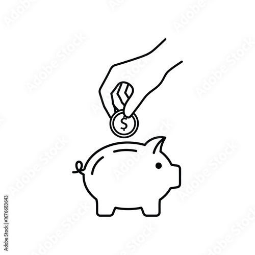 Saving for the Future: A line drawing of a hand inserting a coin into a piggy bank. Emphasizing the simple yet powerful act of saving money for the future.
