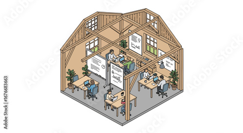 Coworking space inside wooden building interior
