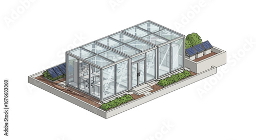 modern greenhouse with solar panels and plants