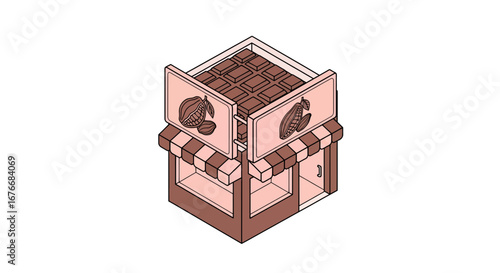 chocolate shop building with cocoa pods