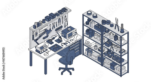 electronics workbench with tools and equipment