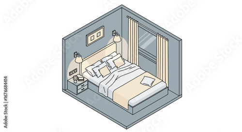 Isometric bedroom interior with furniture and decor