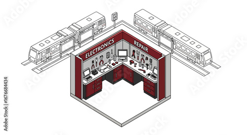 electronics repair shop storefront with trains