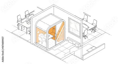 modern office pod with desks and chairs