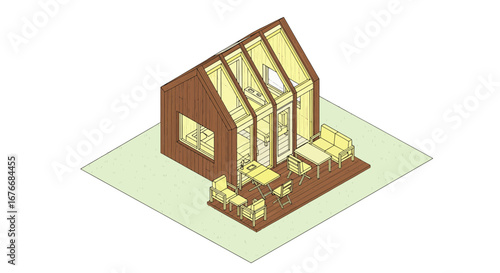 Small cafe building with outdoor seating area