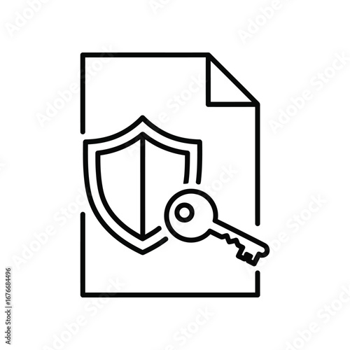 Secure Document Illustration: A minimalist illustration of a document secured by a shield and key, symbolizing protection and confidentiality in a digital landscape.