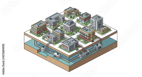 Cityscape with underground infrastructure and green spaces