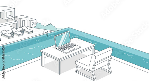 Laptop working poolside modern outdoor office setup