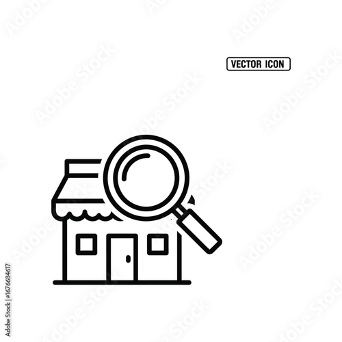 Discover the Perfect Venture: A minimalist vector illustration captures the essence of business scouting, with a magnifying glass poised over a stylized building, symbolizing the art of exploration.