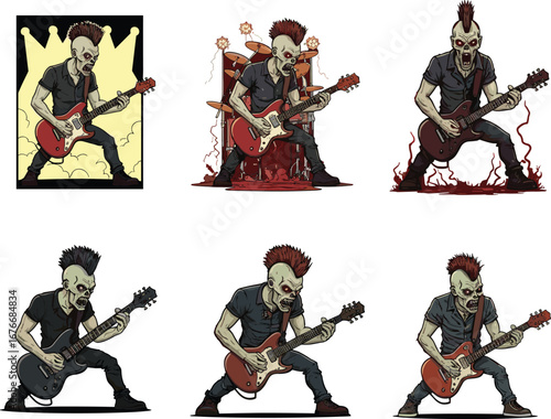 Zombie punk guitarist illustration, horror music character, undead rocker playing guitar, scary concert stage art, Halloween band monster, creepy cartoon rock star