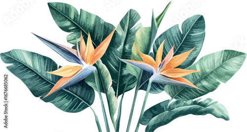 Vibrant bird of paradise flowers with large green leaves isolated on white background