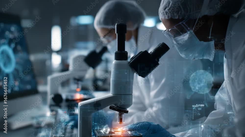 Scientists analyzing tumor samples under digital microscope, data ...