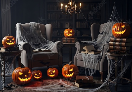 Enchanting Halloween Night in a Spooky Library with Glowing Jack-o'-Lanterns