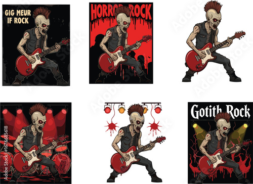 Zombie punk guitarist illustration, horror rock character, undead guitar player, gothic concert poster, scary music artwork, creepy rock zombie, Halloween music art, punk undead figure