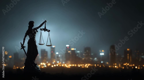 Statue of Justice holding scales, dramatically lit against a dark city skyline, symbolizing law and fairness at night