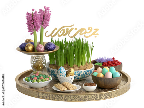 Miniature Haft Sin Table 3 D Render Featuring Pink Hyacinths Gold Decorated Eggs Colorful Painted Eggs and Traditional Persian New Year... isolated on a transparent background