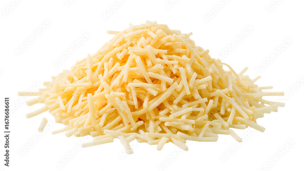 Fototapeta premium Pile of fresh grated cheese closeup isolated on the transparent background for culinary, pizza, pasta, salad, and cooking concepts
