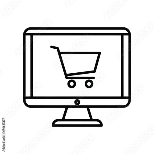 Digital Cart: A sleek digital rendering of a modern computer monitor prominently features a shopping cart icon, symbolizing online shopping and the ease of e-commerce. 