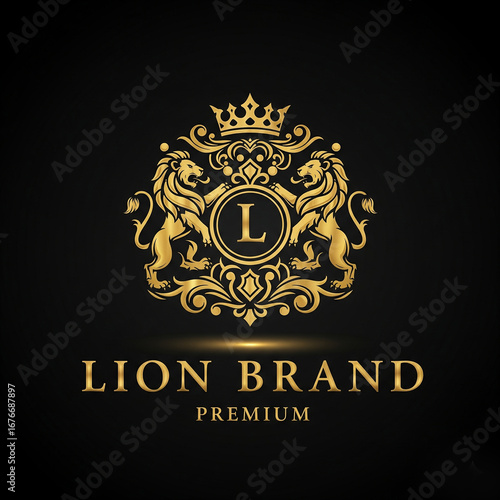 Elegant golden lion brand emblem with royal crown and ornate details