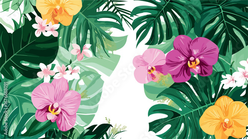 Vibrant tropical floral arrangement featuring lush green monstera leaves and colorful orchids