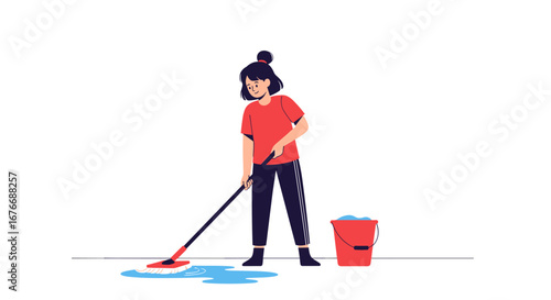 Young woman diligently mopping a wet floor with a bucket of water nearby illustration