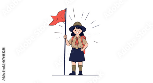 A young scout leader stands proudly holding a red flag leading the way with a smile