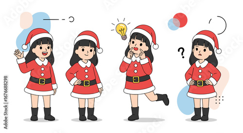 Four cute cartoon girls dressed as santa claus celebrating christmas with joy and excitement