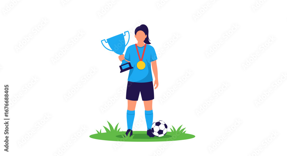Fototapeta premium Successful female athlete celebrates victory holding championship trophy and gold medal