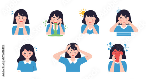Collection of illustrations depicting various symptoms of illness and discomfort faced by a young girl feeling unwell and experiencing sickness