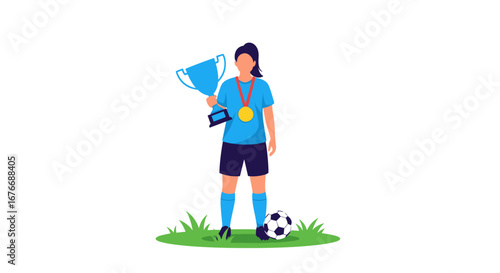 Successful female athlete celebrates victory holding championship trophy and gold medal