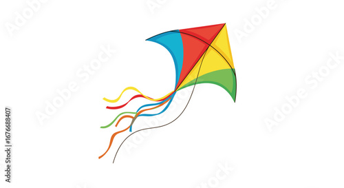 Illustrative design of a colorful geometric kite soaring gracefully against a pure white background
