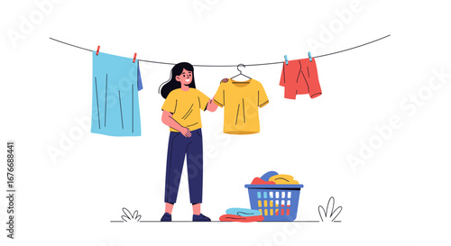 Woman happily hanging clean clothes on a clothesline to dry outdoors on a sunny day