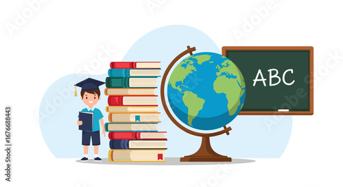 Inspiring young learner celebrating academic achievement with a stack of books a globe and a blackboard displaying abcs signifying educational growth and knowledge acquisition for future success