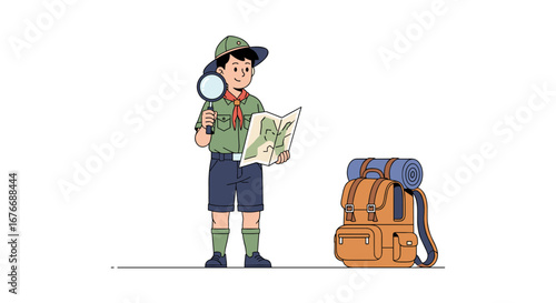 Young explorer with magnifying glass and map scouts for adventure and finds a path with backpack ready for journey