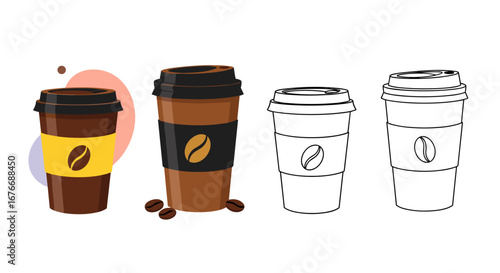 Collection of disposable coffee cups with bean emblems and sleeves for hot beverages and takeaway drinks
