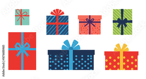 Collection of various colorful gift boxes tied with ribbons ready for celebration