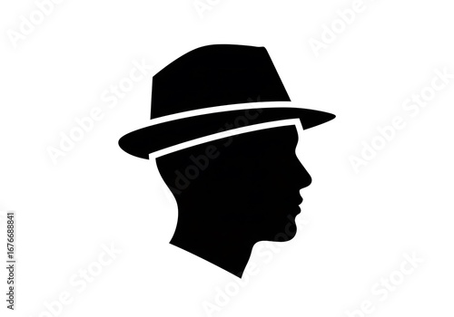 Anonymous man's head in profile, a black silhouette wearing a classic fedora hat. Simple graphic icon for a detective, agent, or gentleman concept