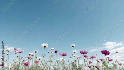 Wildflower field with pink and white flowers blooming under blue sky