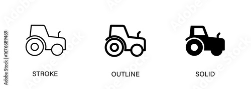 Tractor icon represents agriculture, fields and machinery. Vector stroke, outline and solid icons.