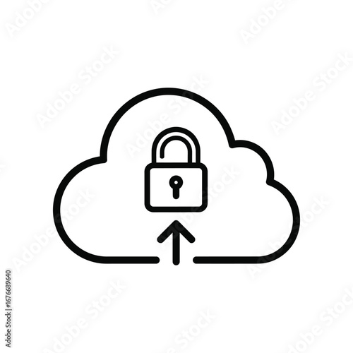 Secure Cloud: An iconic image of a cloud symbolizing data storage and online security, complete with a lock and upward arrow, embodies the essence of data protection in the digital age.