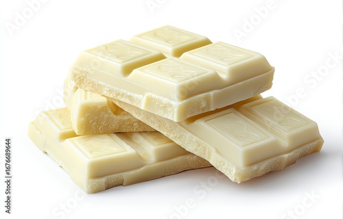 Two stacked bars of white chocolate.  Stacked white chocolate squares, close-up, isolated on white background.  Even lighting highlights the smooth texture