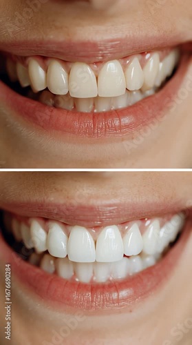 Before and After Teeth Whitening Transformation: Close-Up of a Smile Showing the Dramatic Improvement in Tooth Color and Brightness. vertical video