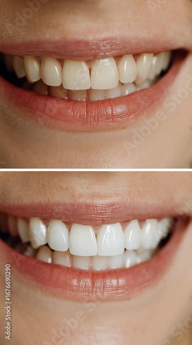 Before and After Teeth Whitening Transformation: A Close-Up View of Enhanced Smile Brightness and Dental Health Improvement. vertical video