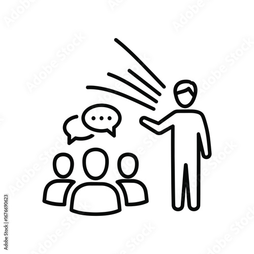 Public Speaking Illustration: A stylized icon depicts a public speaker addressing a crowd, with speech bubbles symbolizing communication and dialogue.