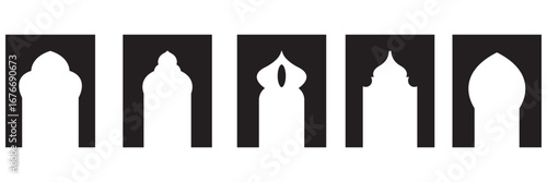 Islamic arch window silhouette . Shape Islamic door and arabic window icon. Set of decorative Islamic style arch and window silhouettes perfect for architecture, patterns, and cultural designs.

