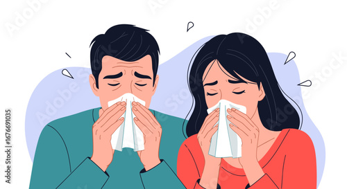 Couple feeling unwell using tissues, battling cold and flu symptoms together, isolated on white